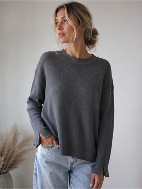 Line The Label Ribbed Crewneck Sweater Gray Medium Minimalist Slit Sleeve Knit